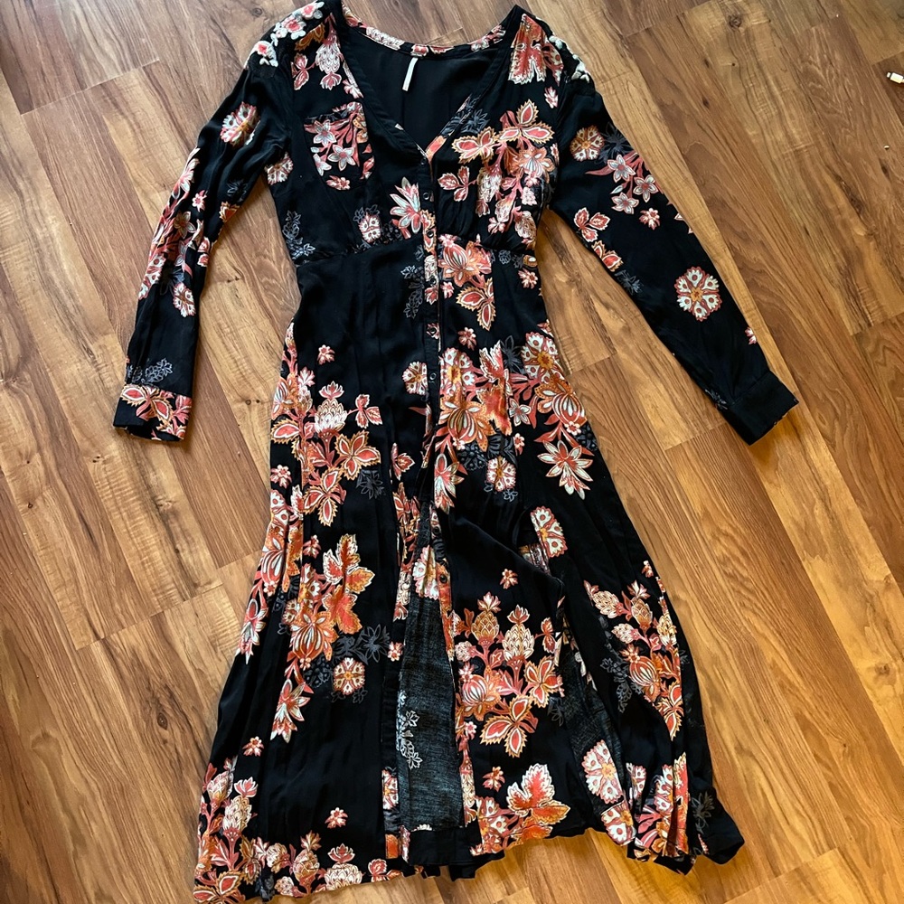 Free People Black and Orange Floral Long Sleeve Dress